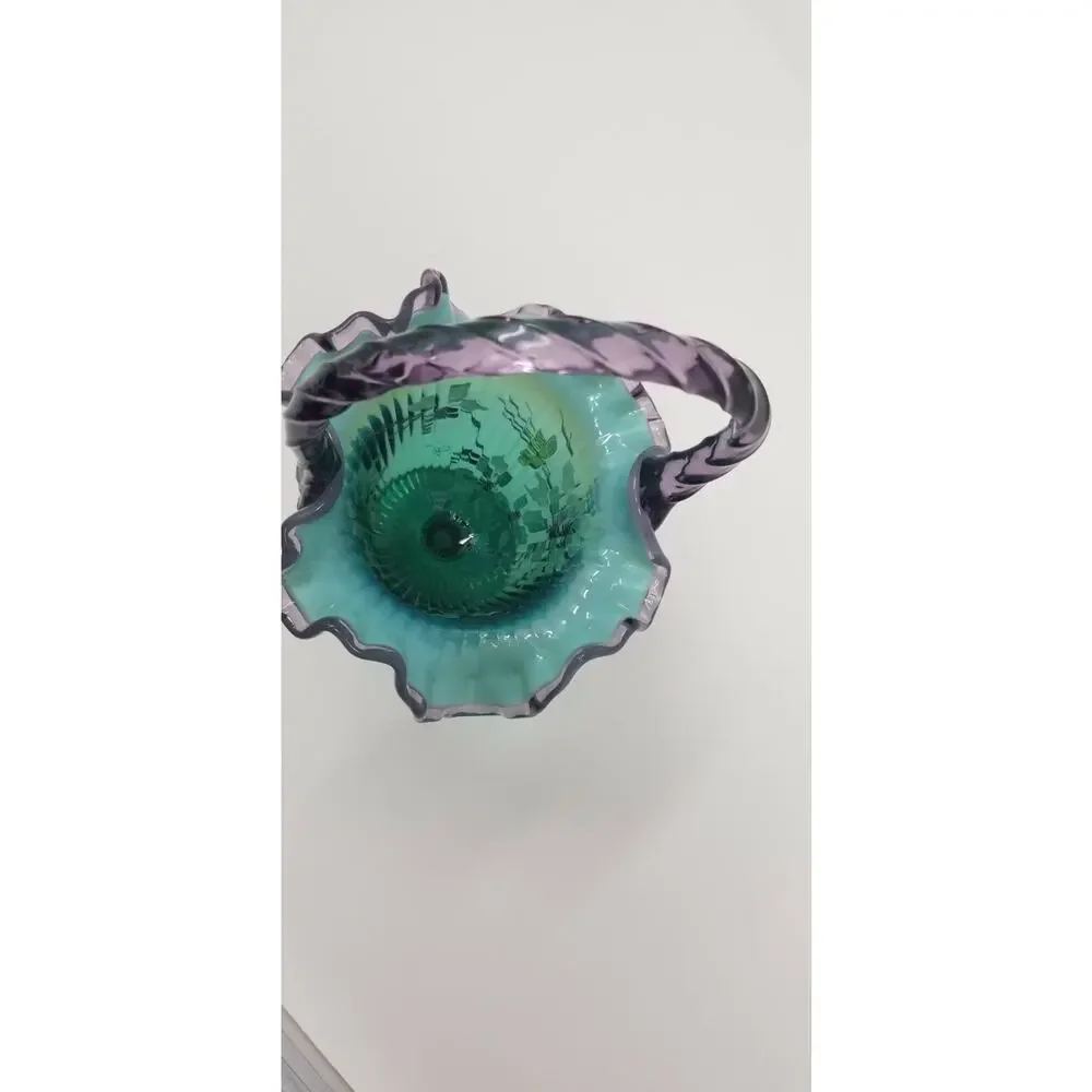 Fenton Glass New Century XXI Spruce Green Purple Dragonfly Basket Signed